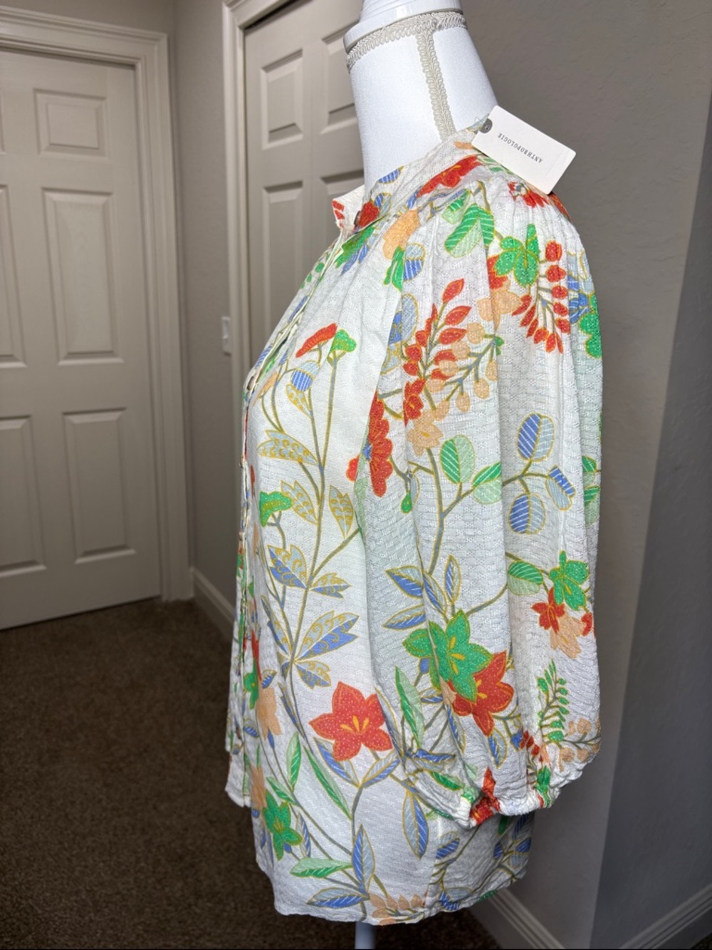 Antropologie Boho Floral Button Down Blouse Puff Sleeve Cottagecore Top Size 2 - Picture 4 of 8